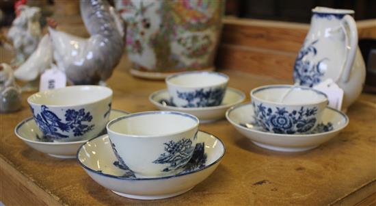 Four Worcester blue and white tea bowls and saucers and a similar Mansfield pattern sparrowbeak jug, jug 13cm